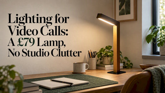 Wooden desk lamp lighting a home office