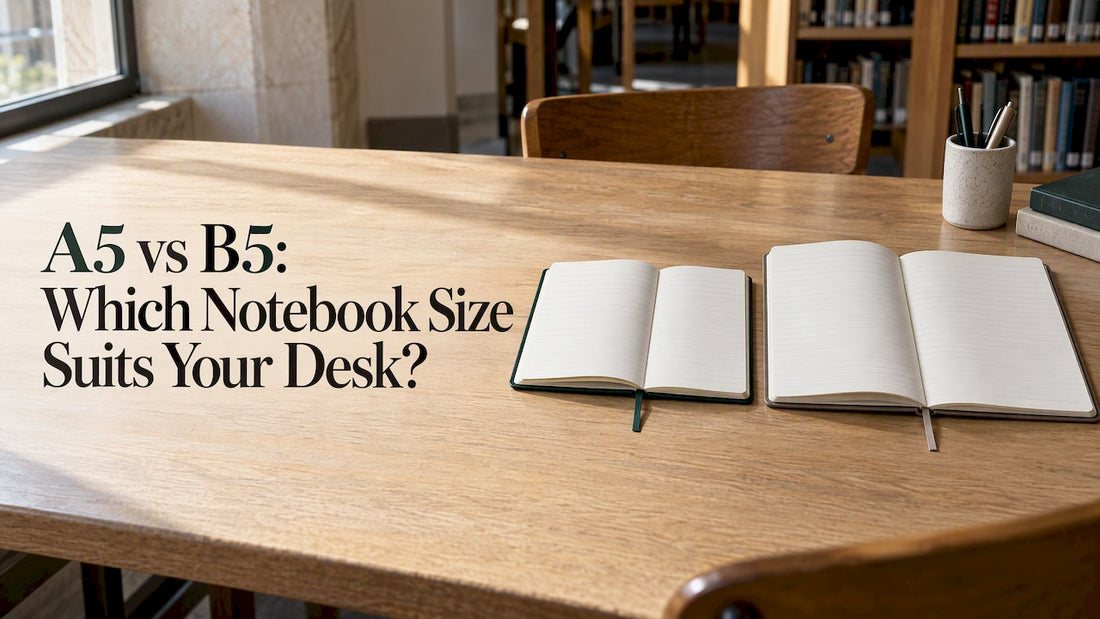 Open A5 and B5 notebooks compared on a table