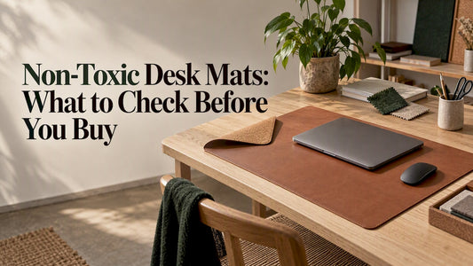 Cork and vegan leather desk mat on a worktable