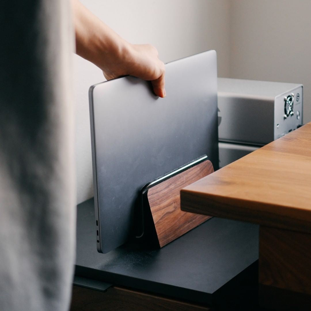 Solid Walnut Laptop Stand in use