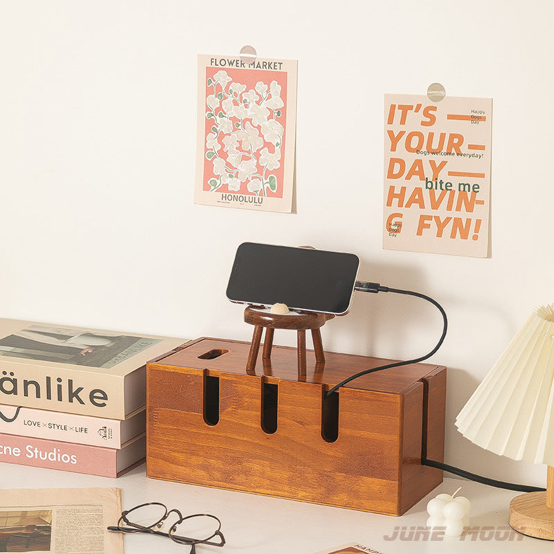 Solid Wood Cable Management Box on a desk
