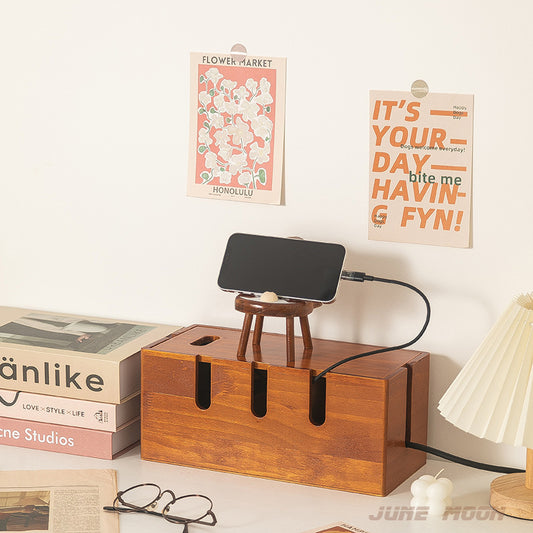Solid Wood Cable Management Box on a desk