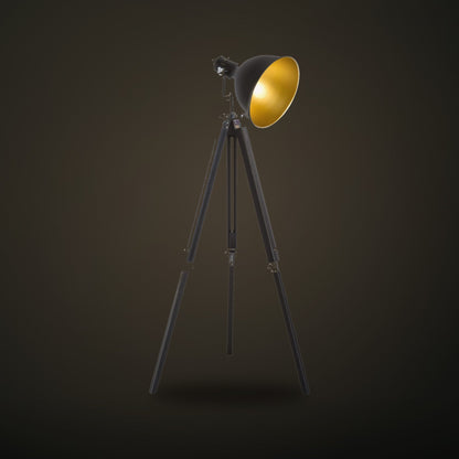 Tripod Floor Lamp with black wooden legs and gold-lined shade
