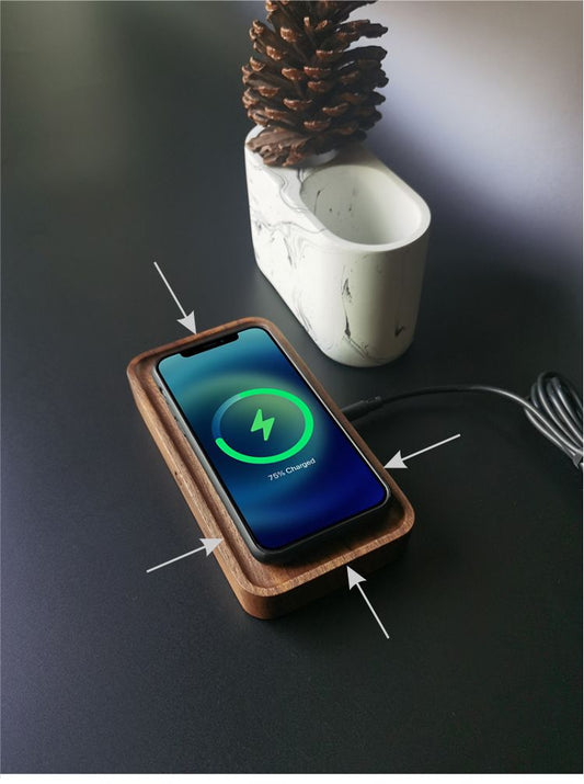 Walnut Wireless Charging Tray on a desk