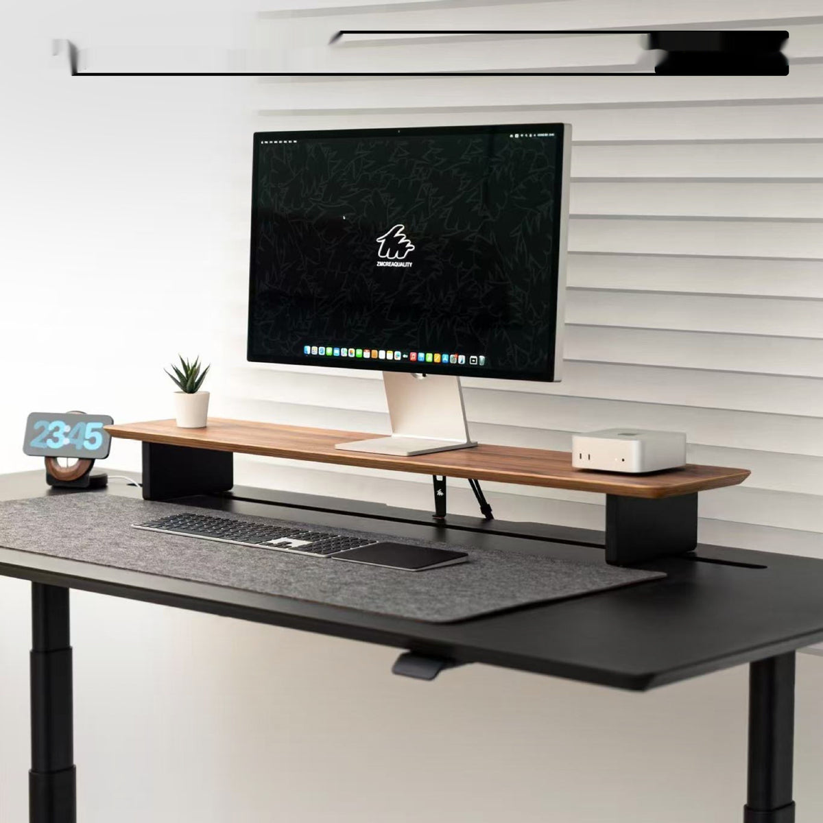 Wide Walnut Monitor Riser on a standing desk