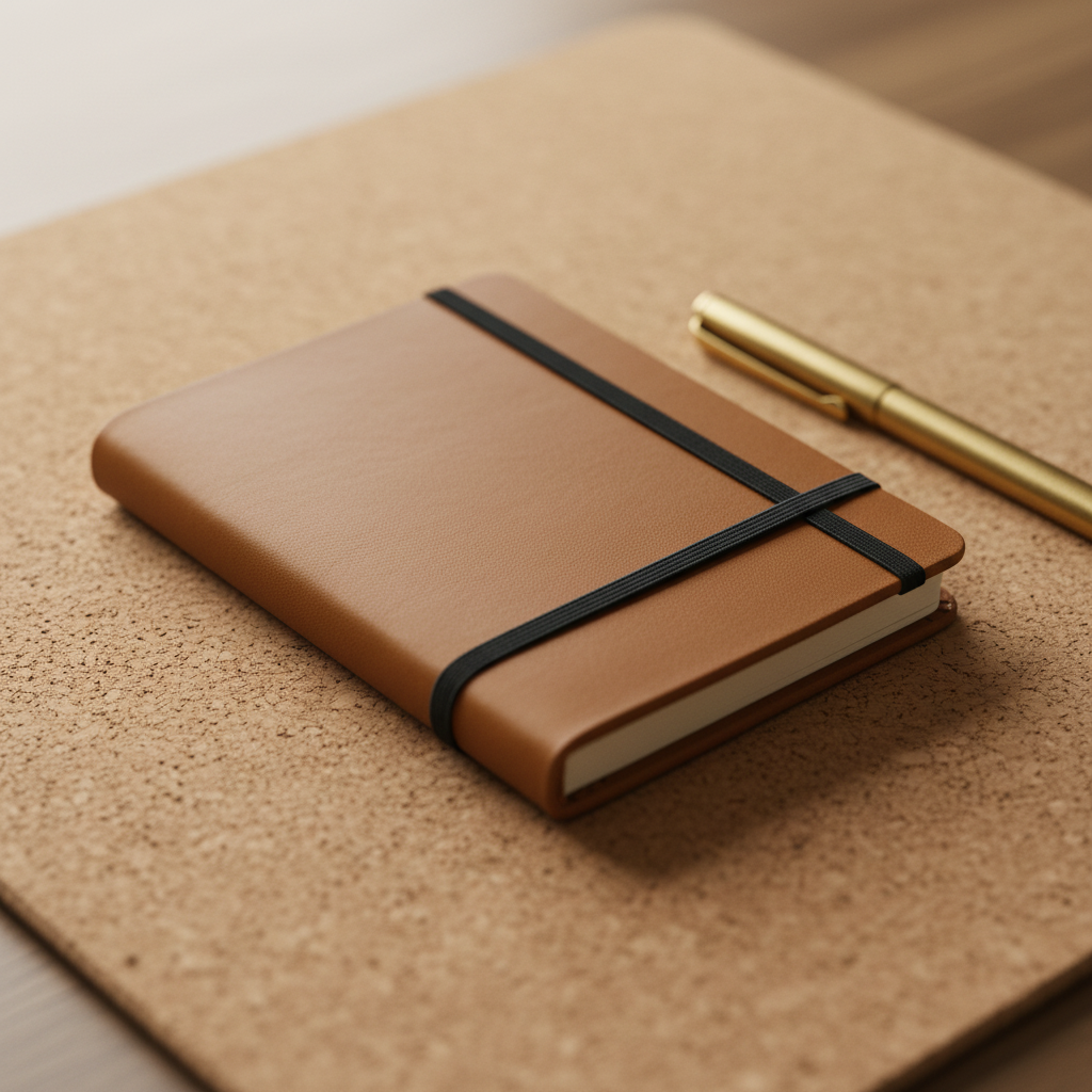 Handmade Kraft Notebook — Coffee, flat lay on cork mat