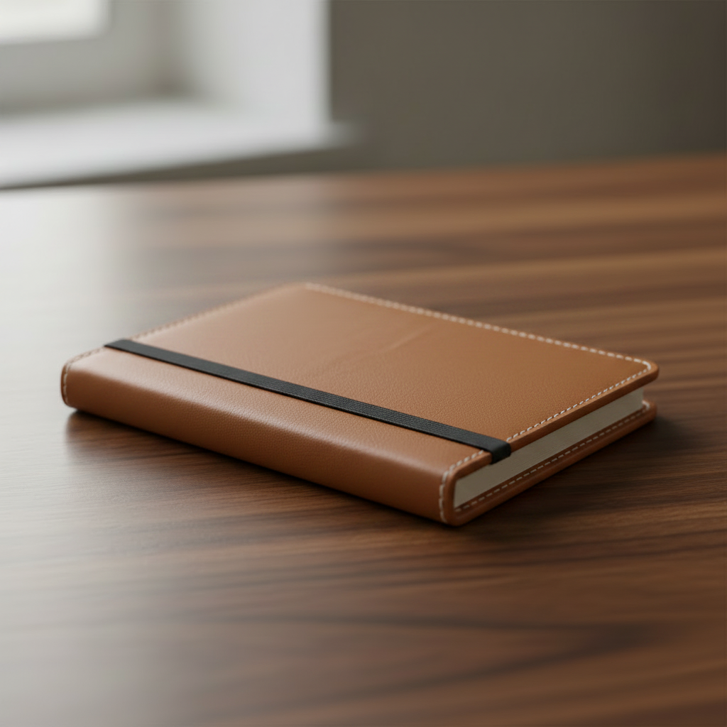 Handmade Kraft Notebook — Coffee, three-quarter angle on walnut