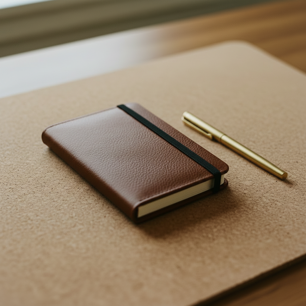 Handmade Kraft Notebook — Brown, flat lay on cork mat