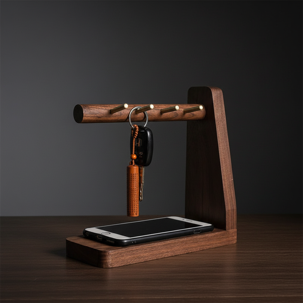 Brass and Walnut Key Stand — three-quarter angle