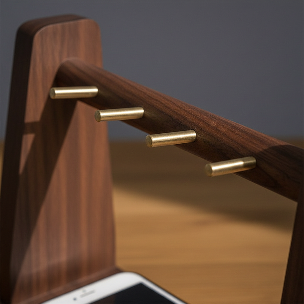 Brass and Walnut Key Stand — brass and walnut detail close-up