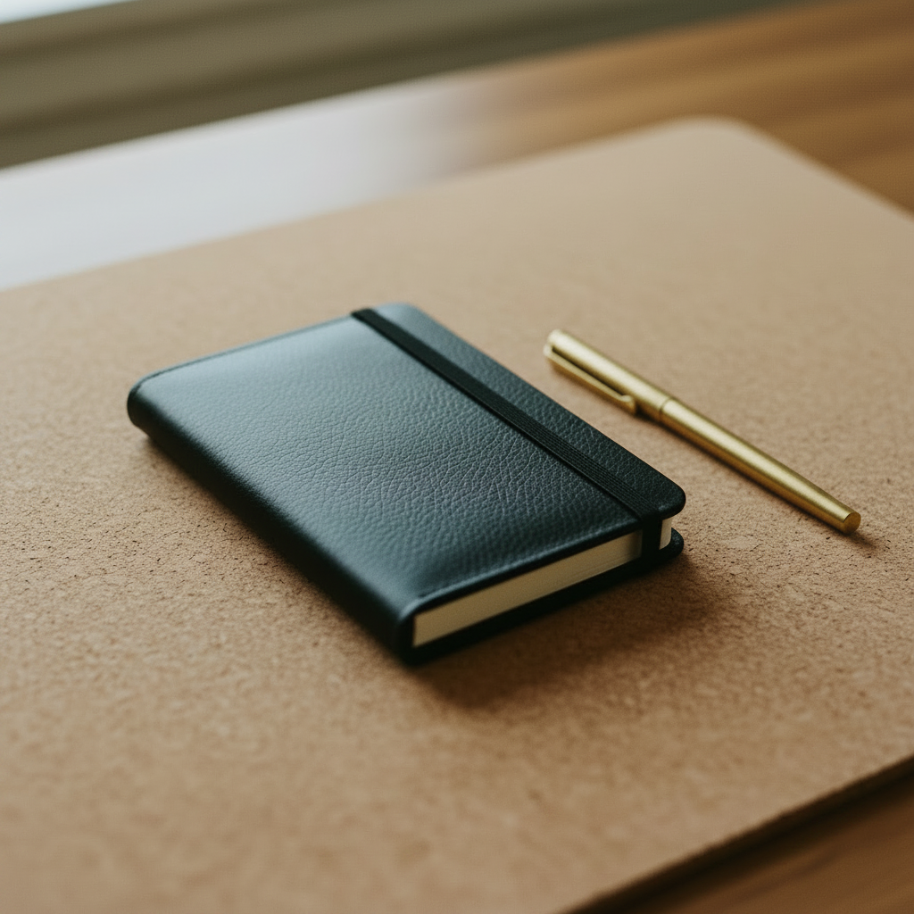 Handmade Kraft Notebook — Black, flat lay on cork mat