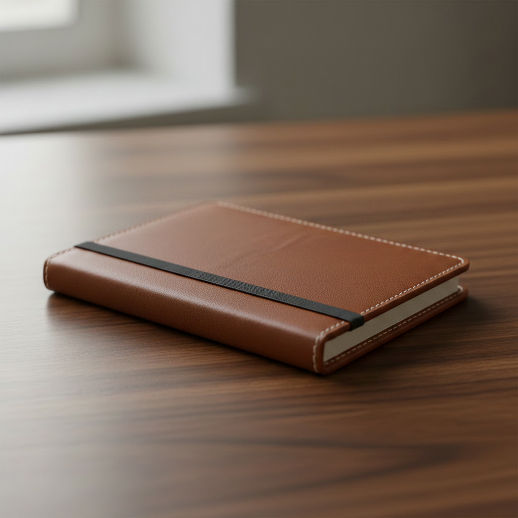Handmade Kraft Notebook — Brown, three-quarter angle on walnut