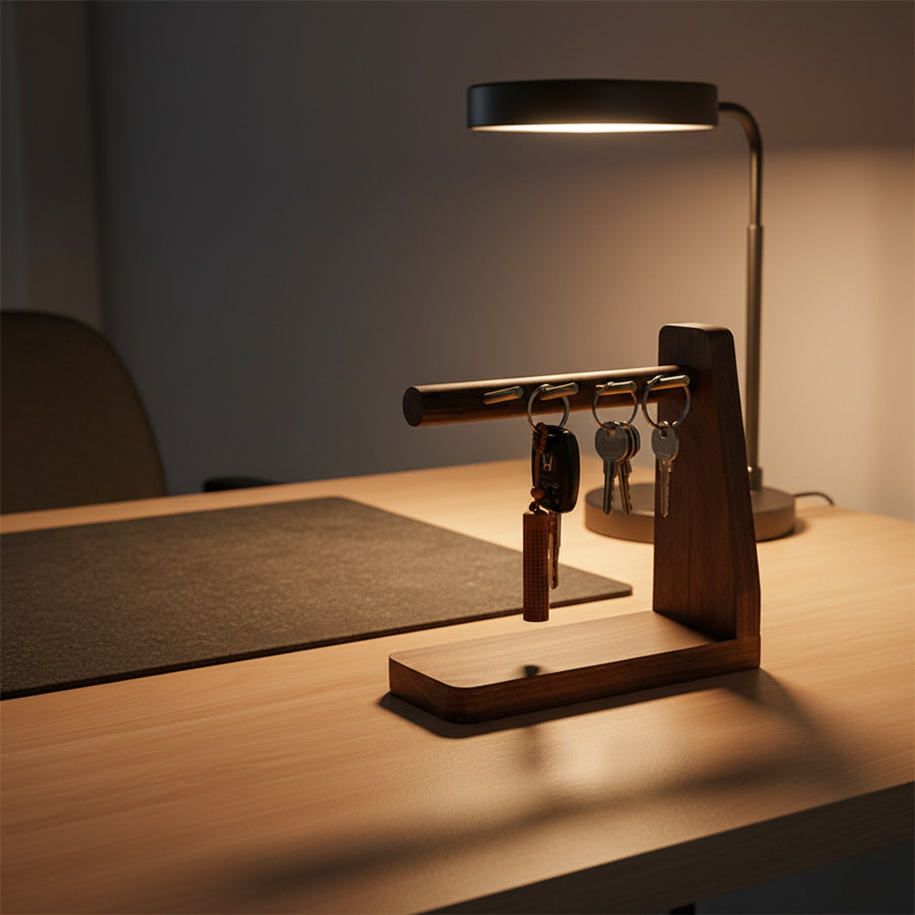 Brass and Walnut Key Stand — full desk lifestyle