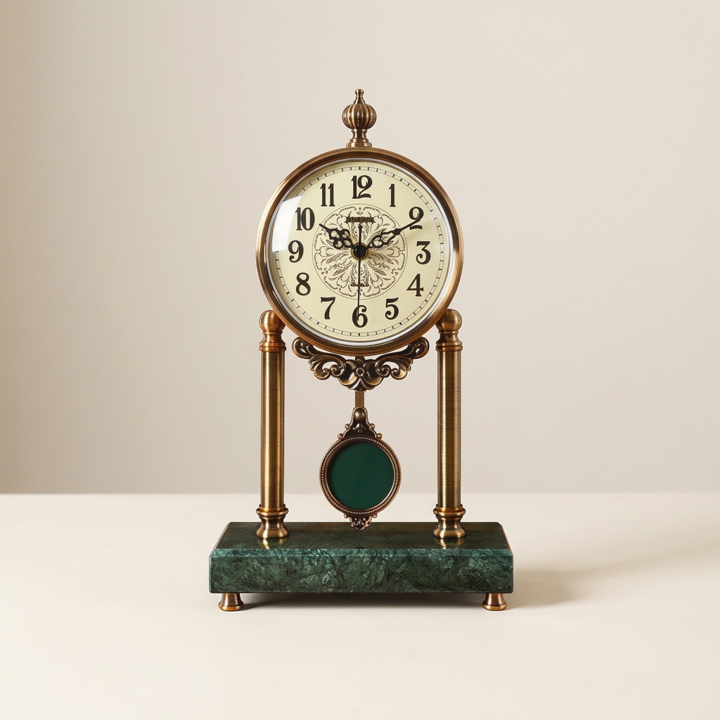Marble and metal pendulum clock with green marble base on a neutral background