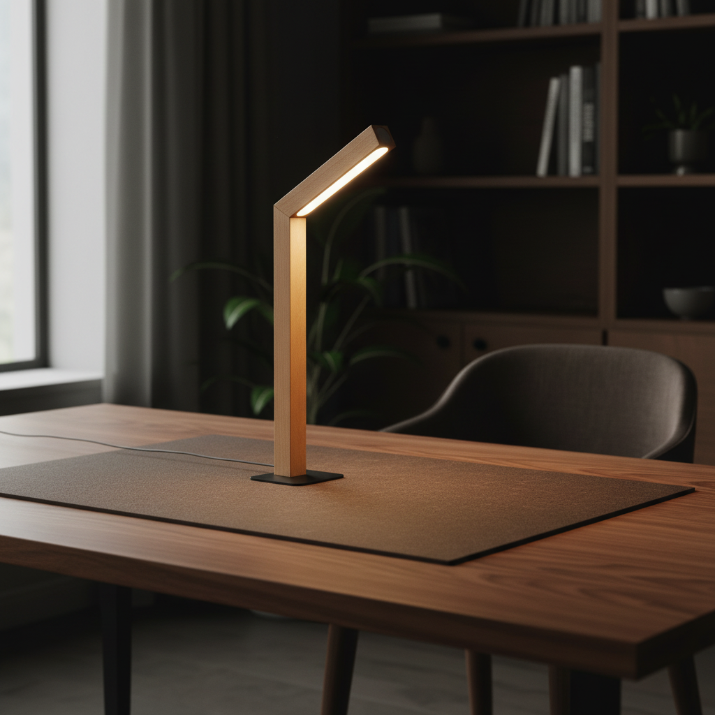 LED Solid Wood Lamp on cork desk mat — front view