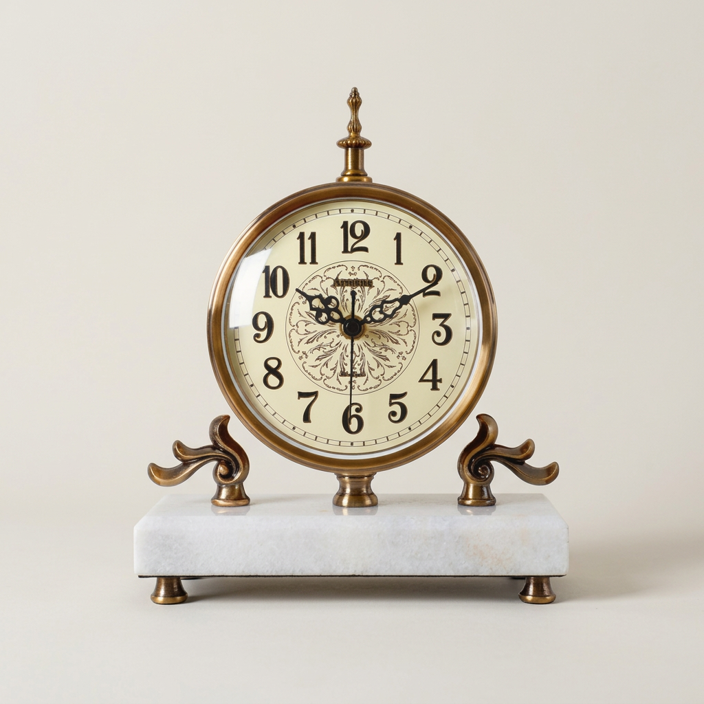 Compact marble and metal desk clock with white marble base on a neutral background
