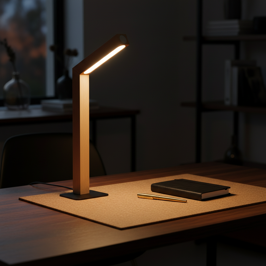 LED Solid Wood Lamp — full desk lifestyle with notebook and pen