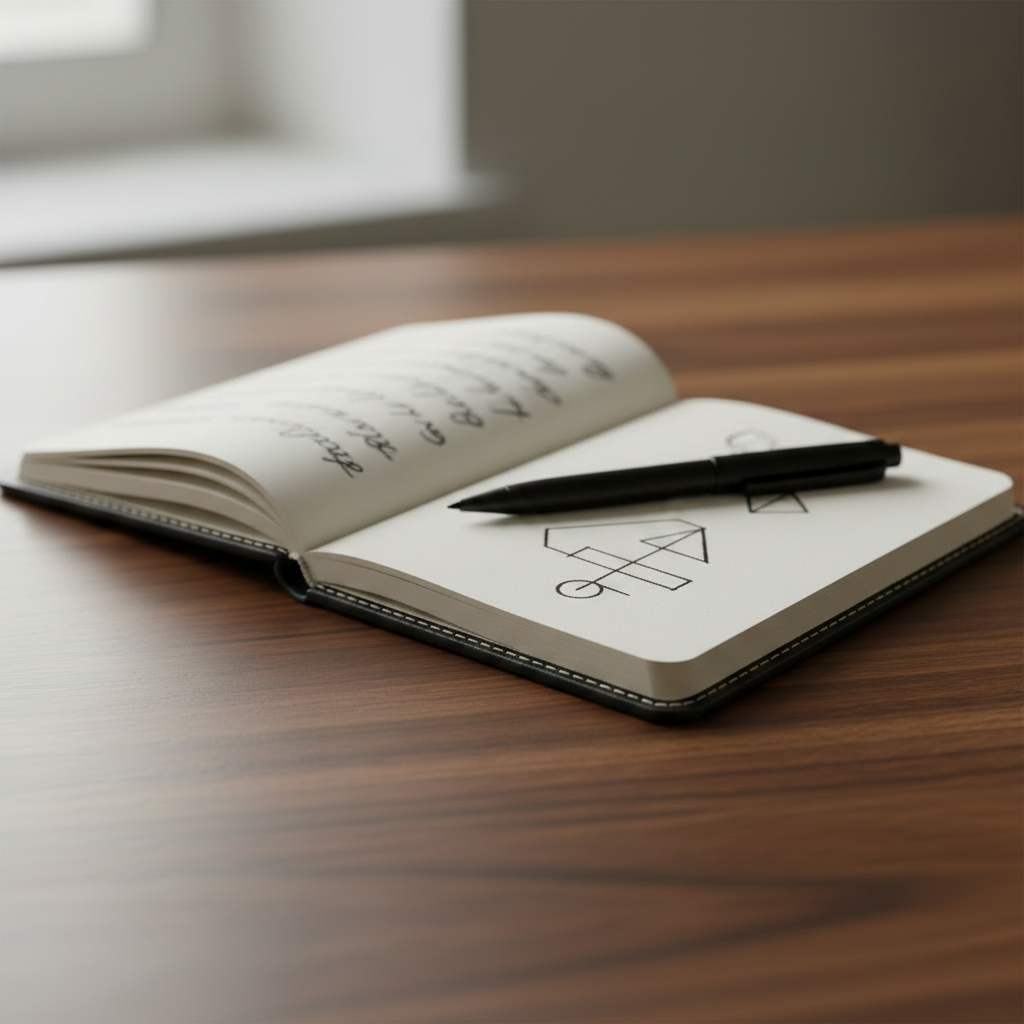 Handmade Kraft Notebook — Black, three-quarter angle on walnut