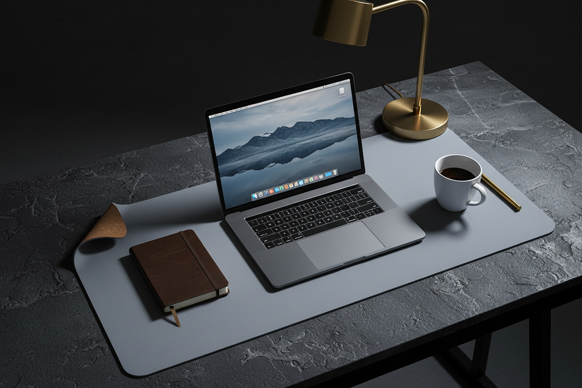Grey Blue Cork & Leather Desk Mat - Lifestyle
