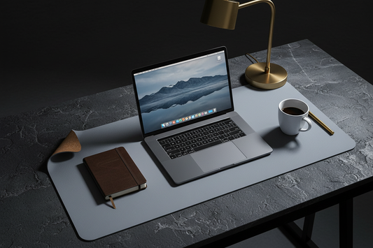 Grey Blue Cork & Leather Desk Mat - Lifestyle