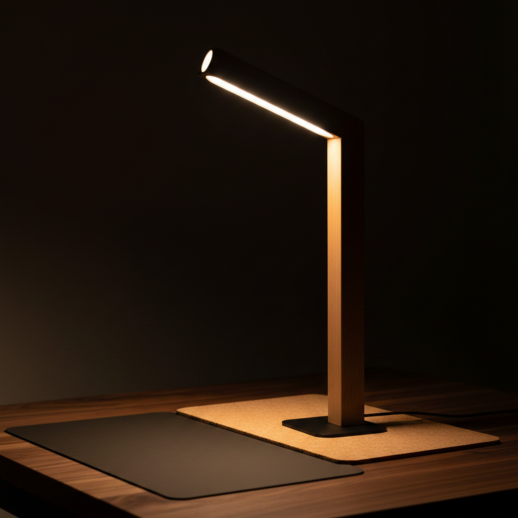 LED Solid Wood Lamp — side profile, lamp lit