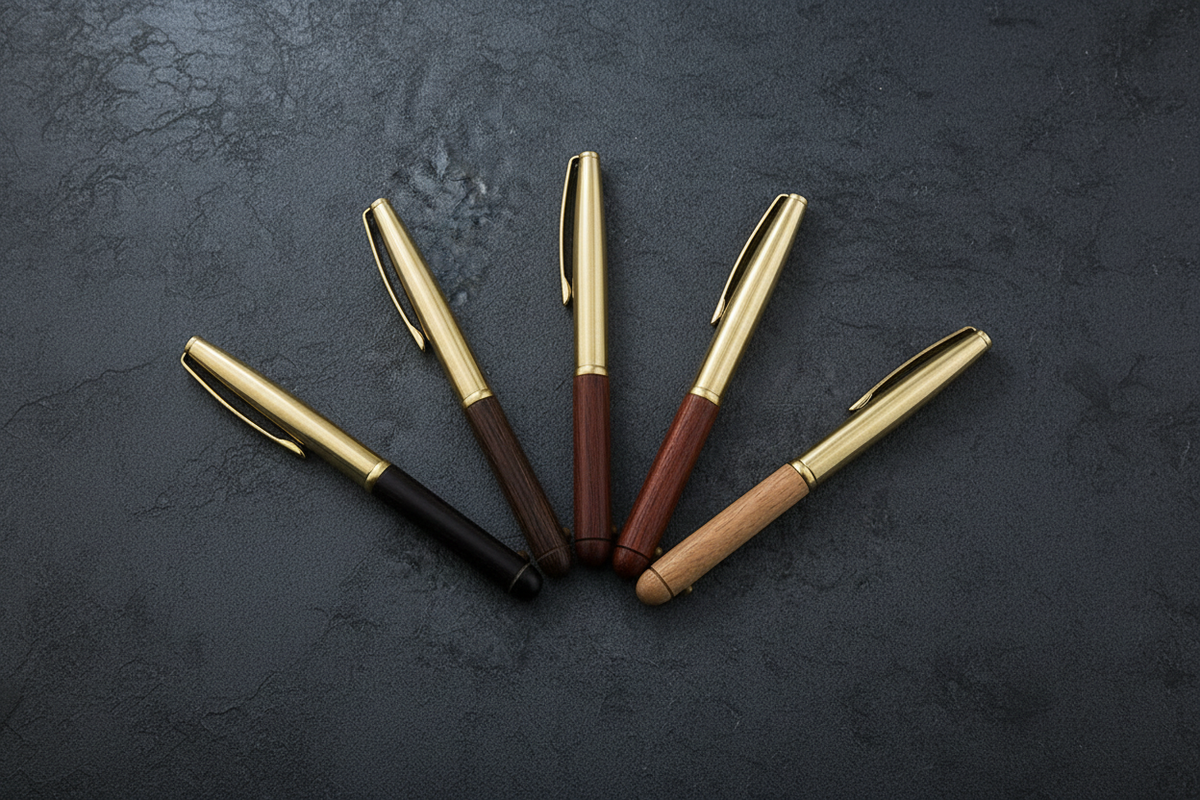 Brass Pen Fan Flat Lay - All Wood Finishes