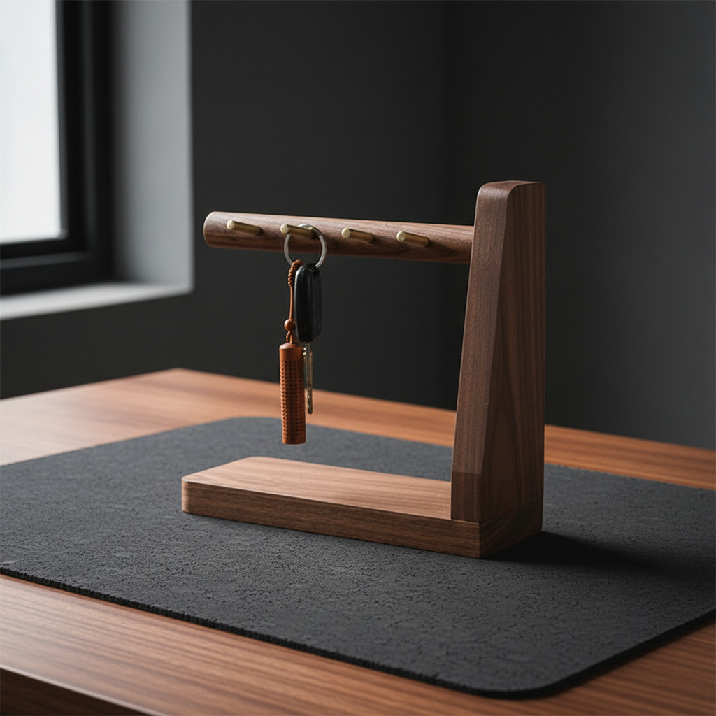 Brass and Walnut Key Stand on cork desk mat — front view